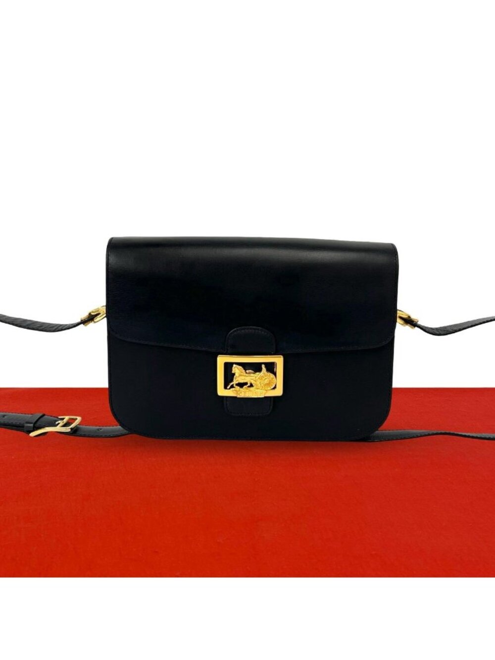 Celine Vintage Logo Carriage Calf Leather Shoulder Bag Pochette Black